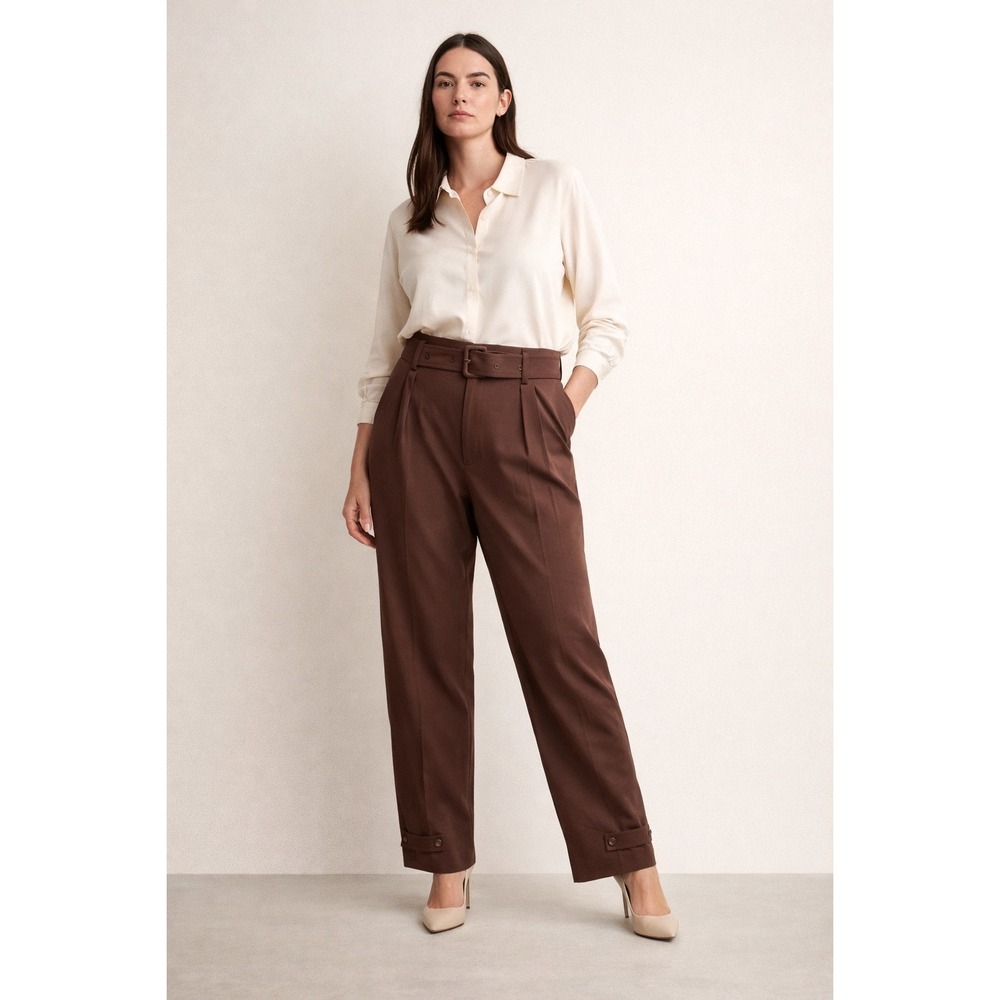 MNG Women Brown Belted Pleated Trousers Pants Size 38 EUR 4 Office‎ Career